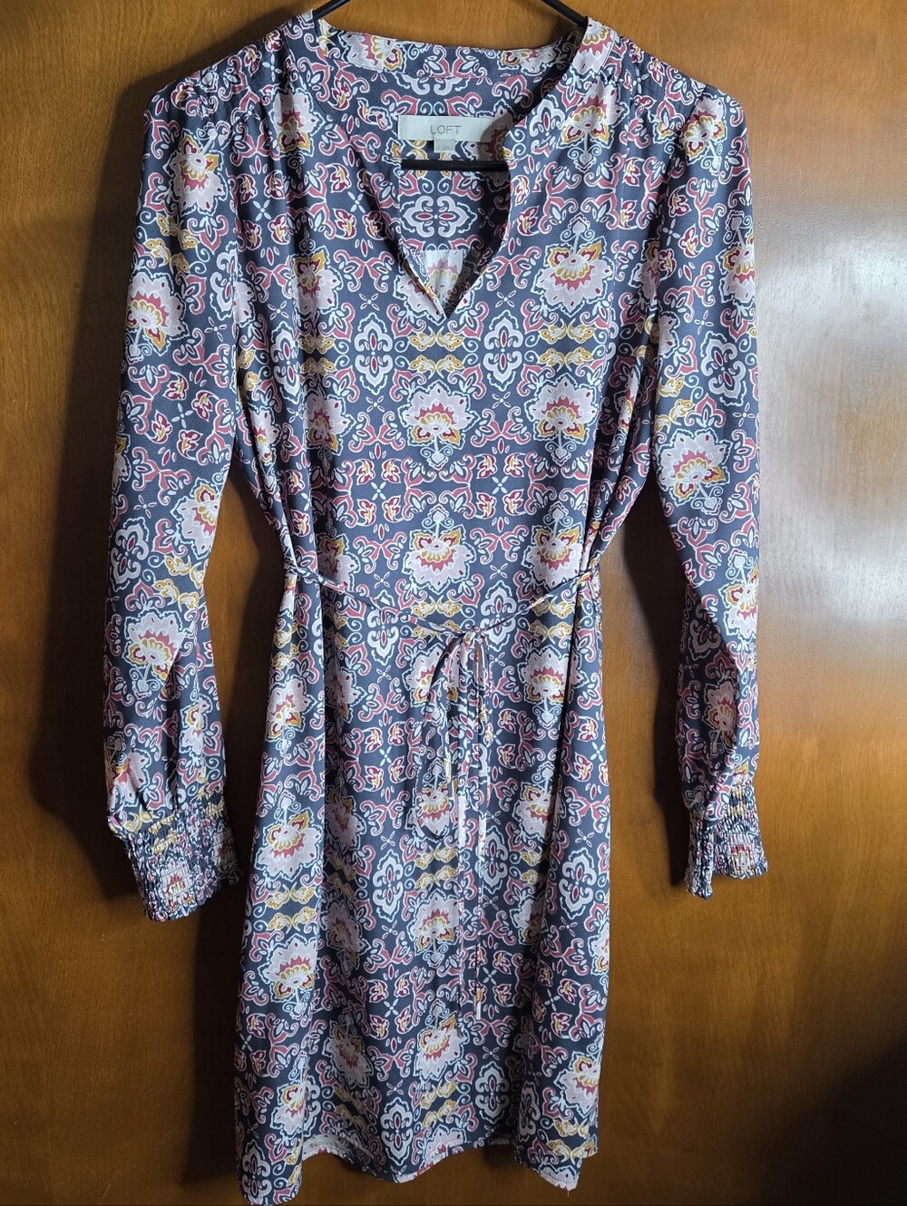 Loft Shift Dress Long Sleeve Blue Gray W/Multi Color Floral print Tie Waist Sm